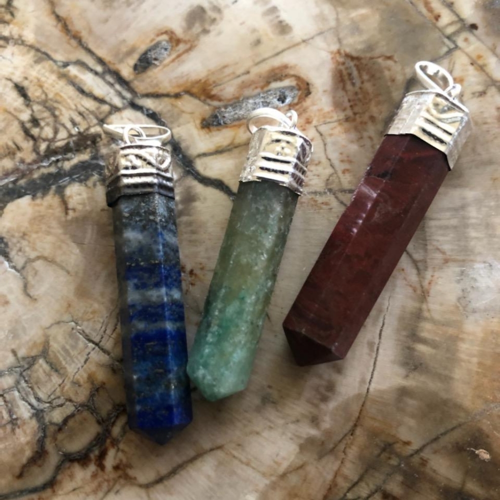 3 Pcs. Crystal Rock Pointed Pendants Red Jasper Lapis Lazuli and Green Fluorite
